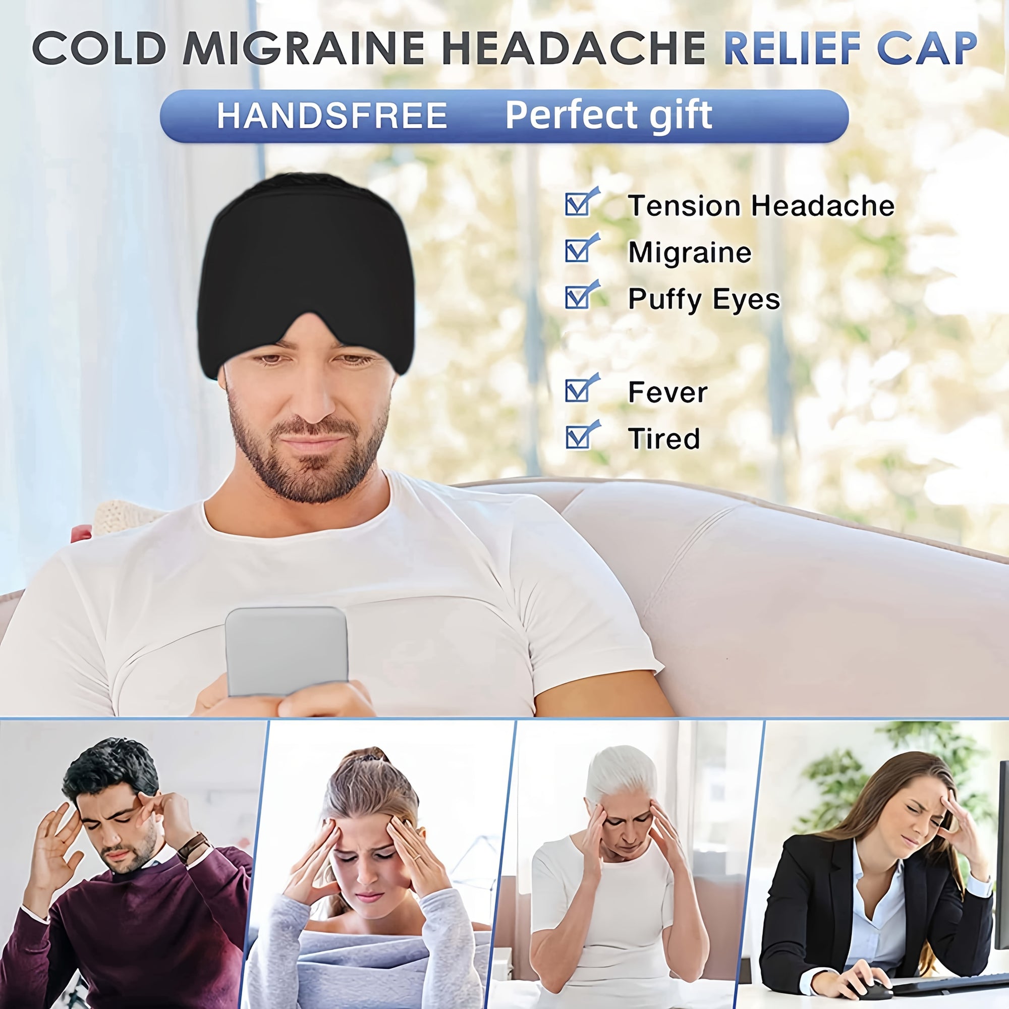 Migraine Hat, Facial Cooling Gel Headband
